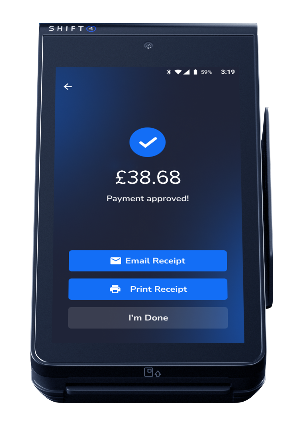 Shift4 portable card terminal showing a £38.68 approved payment